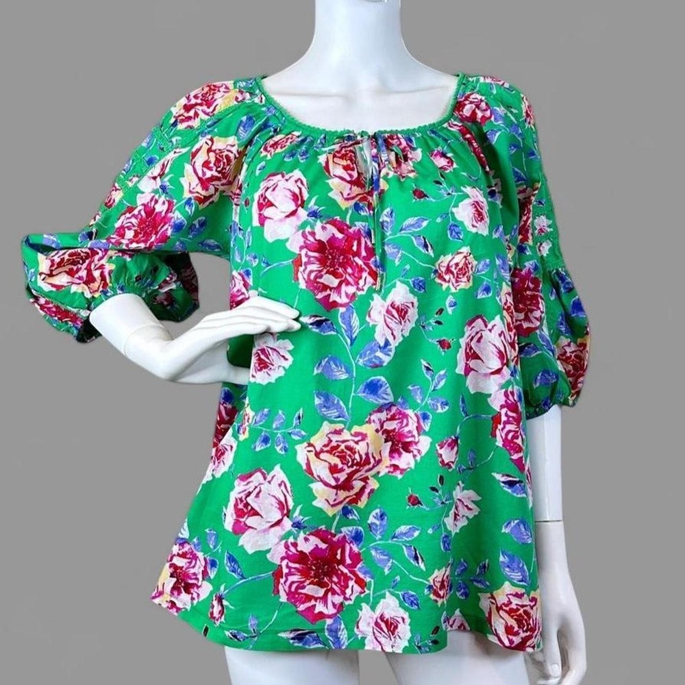 Pioneer Woman Floral Peasant Blouse L Green Cotton Boho Cottagecore Top